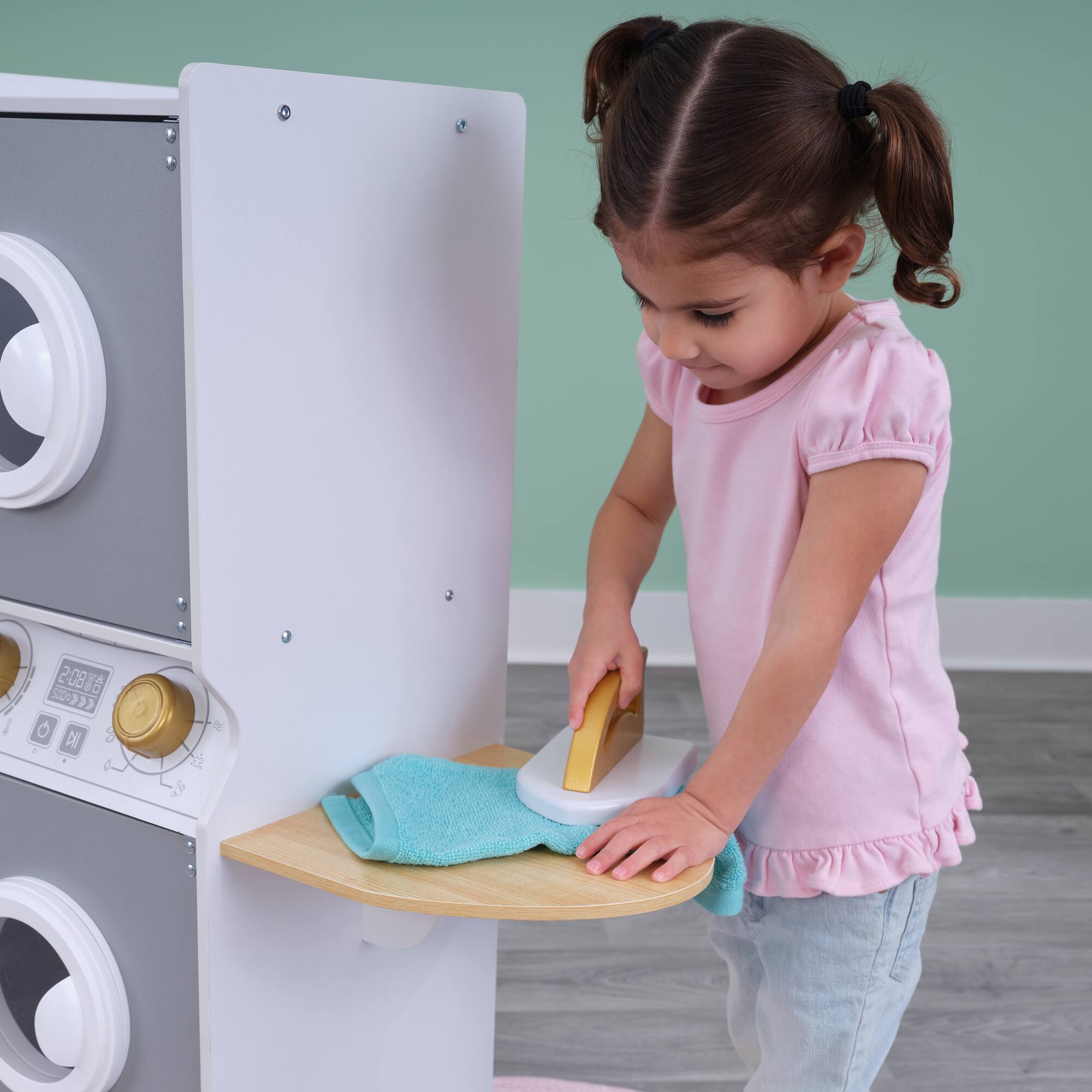 KidKraft White Wooden Laundry Play Set, Stacking Washer & Dryer with Iron & Basket